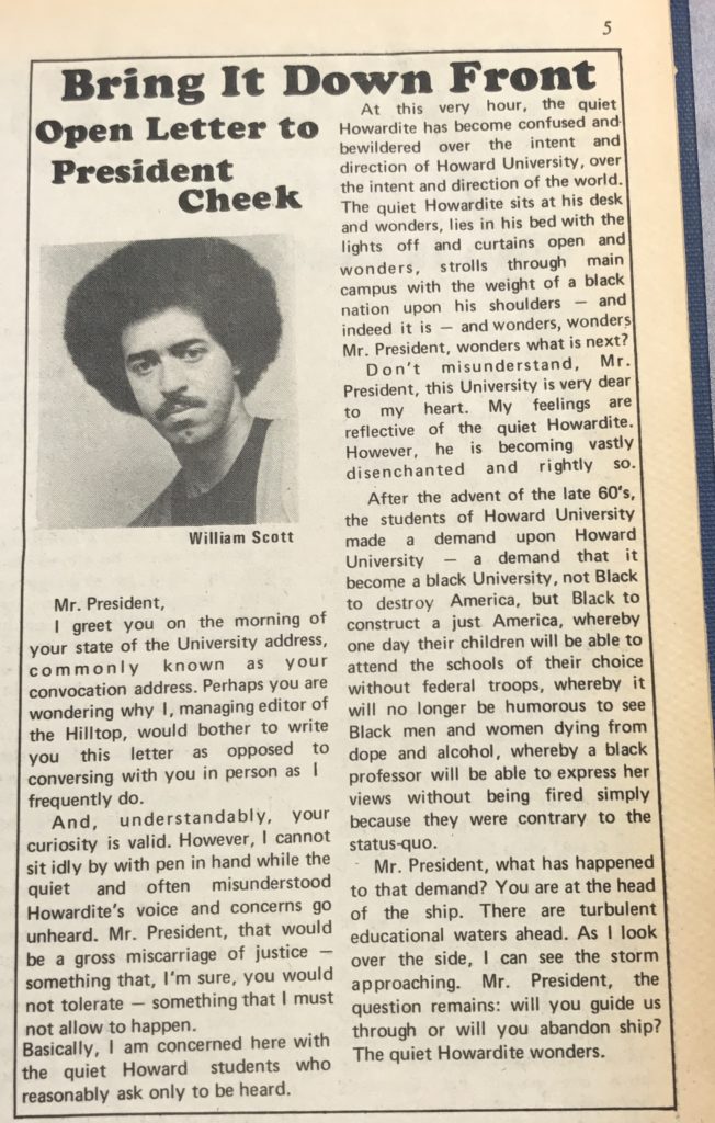 From The Hilltop Archives: William Scott, Managing Editor of The Hilltop from 1975-1976, writes an open letter to then President James E. Cheeks on the morning of Howard University's 109th Convocation. (Dated: September 29, 1975)